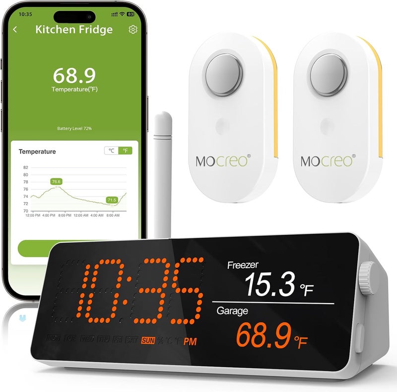 Mocreo WiFi Remote Thermometer Freezer Alarm, 1/3 Mile Long Range, IP66 Waterproof, App Email Alert, with Digital Monitor Hub, 2 Smart Wireless Temperature Sensors for Fridge, RV, Greenhouse - Image 1